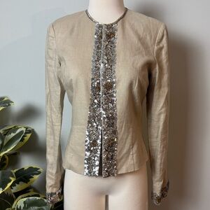 D STUDIO Tan & Silver 100% Linen Sequin Dress Jacket Blazer ~ 6